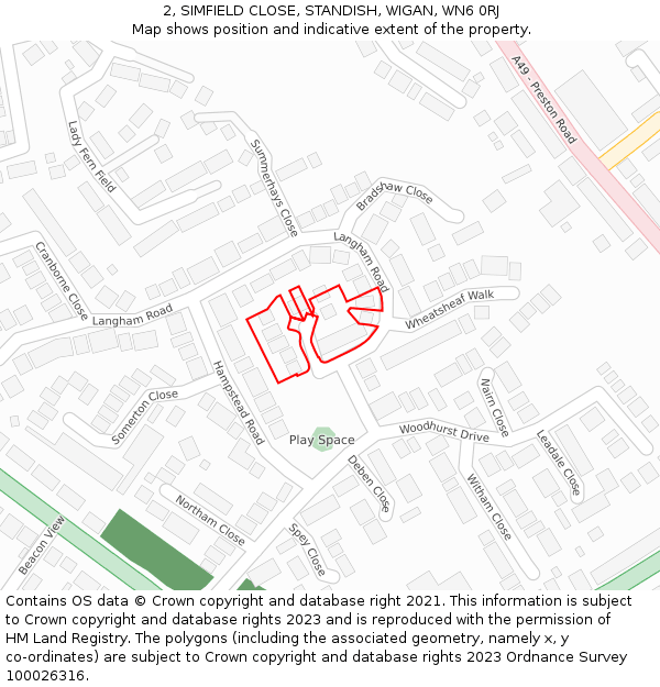 2, SIMFIELD CLOSE, STANDISH, WIGAN, WN6 0RJ: Location map and indicative extent of plot