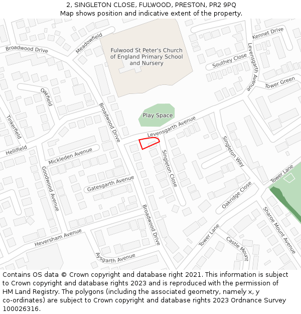 2, SINGLETON CLOSE, FULWOOD, PRESTON, PR2 9PQ: Location map and indicative extent of plot