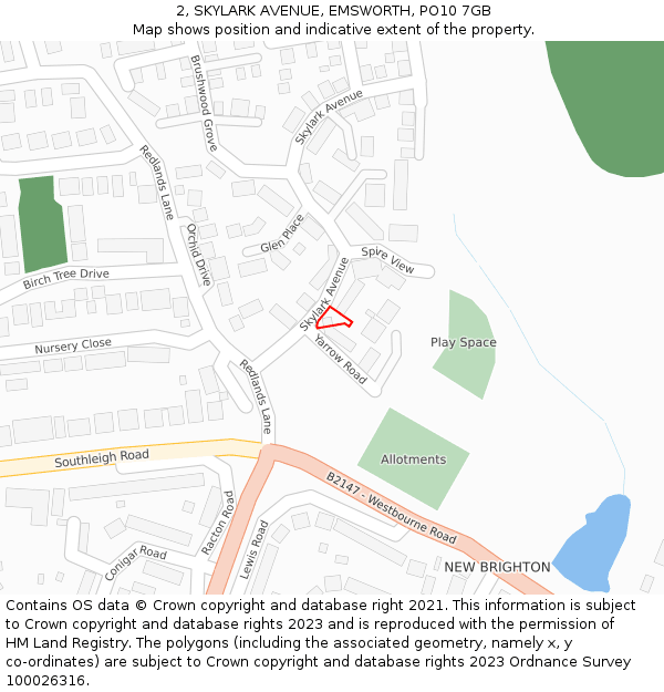 2, SKYLARK AVENUE, EMSWORTH, PO10 7GB: Location map and indicative extent of plot