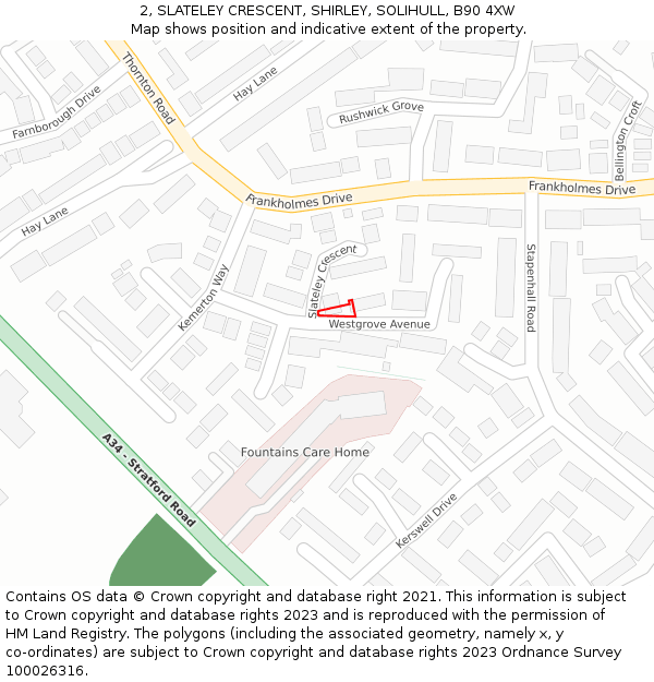 2, SLATELEY CRESCENT, SHIRLEY, SOLIHULL, B90 4XW: Location map and indicative extent of plot