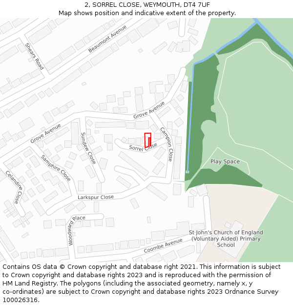 2, SORREL CLOSE, WEYMOUTH, DT4 7UF: Location map and indicative extent of plot