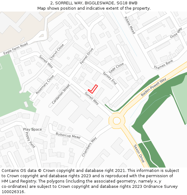 2, SORRELL WAY, BIGGLESWADE, SG18 8WB: Location map and indicative extent of plot