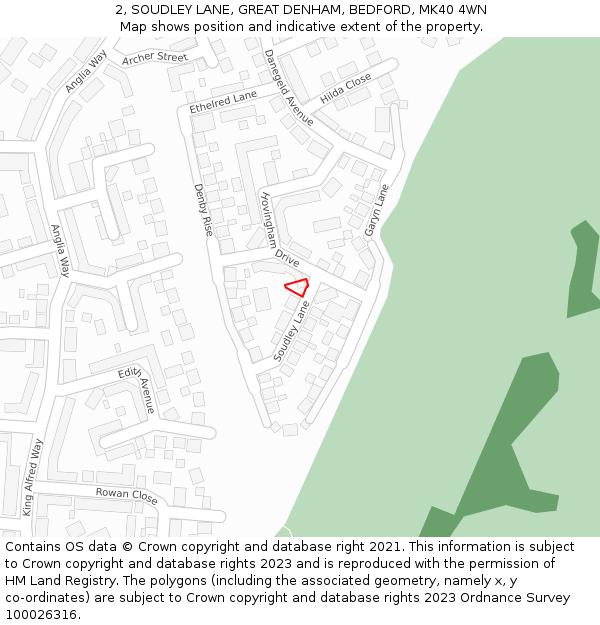 2, SOUDLEY LANE, GREAT DENHAM, BEDFORD, MK40 4WN: Location map and indicative extent of plot