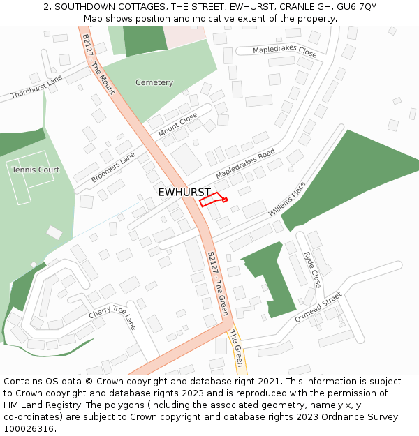 2, SOUTHDOWN COTTAGES, THE STREET, EWHURST, CRANLEIGH, GU6 7QY: Location map and indicative extent of plot