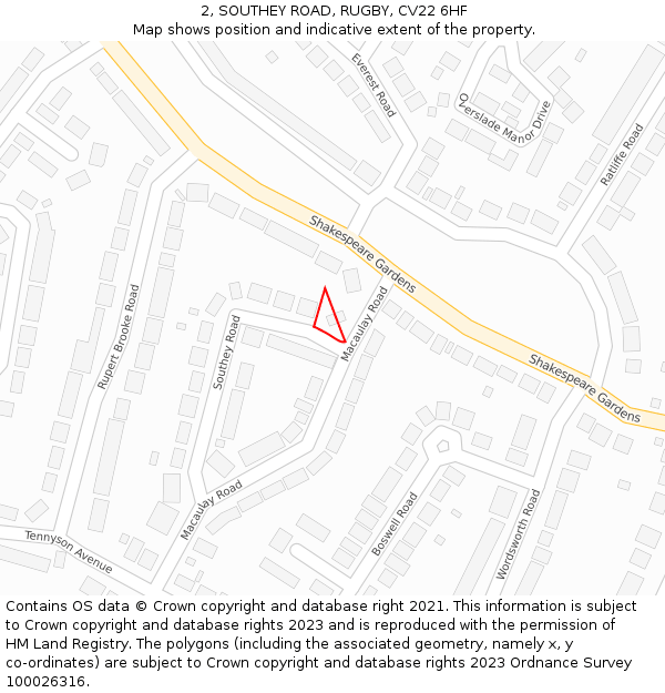 2, SOUTHEY ROAD, RUGBY, CV22 6HF: Location map and indicative extent of plot