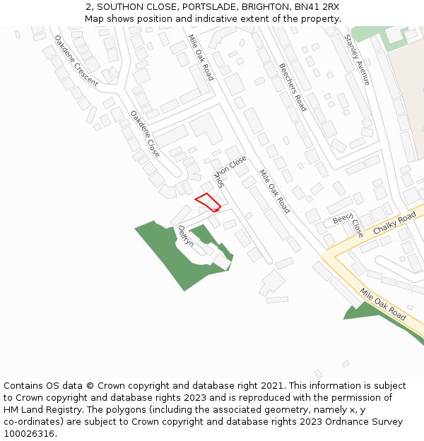 2, SOUTHON CLOSE, PORTSLADE, BRIGHTON, BN41 2RX: Location map and indicative extent of plot