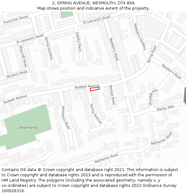 2, SPRING AVENUE, WEYMOUTH, DT4 8XA: Location map and indicative extent of plot