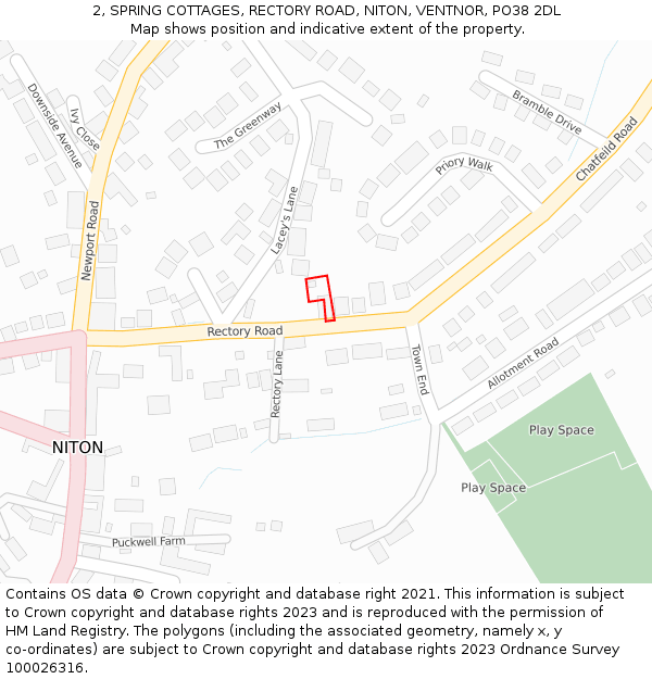 2, SPRING COTTAGES, RECTORY ROAD, NITON, VENTNOR, PO38 2DL: Location map and indicative extent of plot