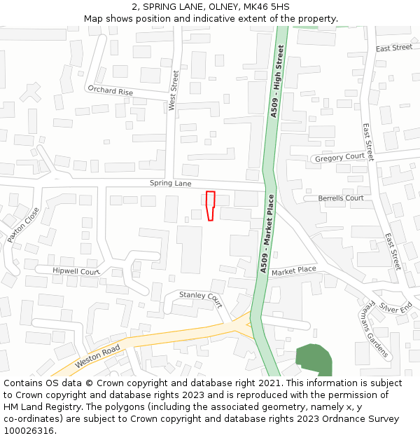 2, SPRING LANE, OLNEY, MK46 5HS: Location map and indicative extent of plot