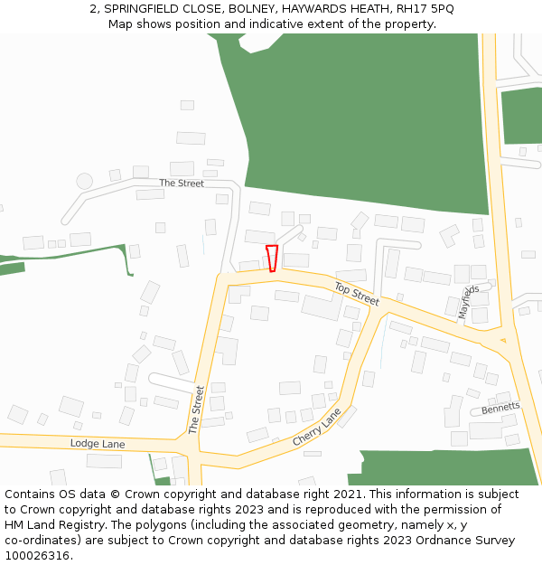 2, SPRINGFIELD CLOSE, BOLNEY, HAYWARDS HEATH, RH17 5PQ: Location map and indicative extent of plot