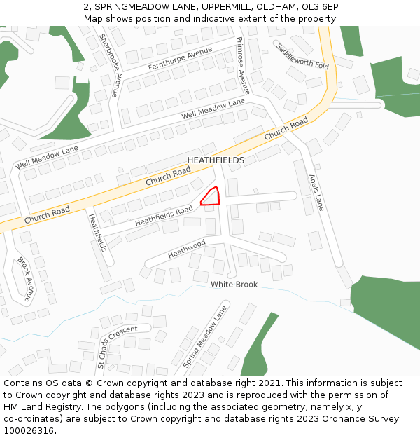 2, SPRINGMEADOW LANE, UPPERMILL, OLDHAM, OL3 6EP: Location map and indicative extent of plot