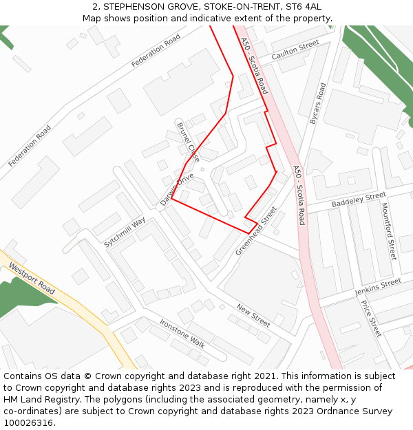 2, STEPHENSON GROVE, STOKE-ON-TRENT, ST6 4AL: Location map and indicative extent of plot