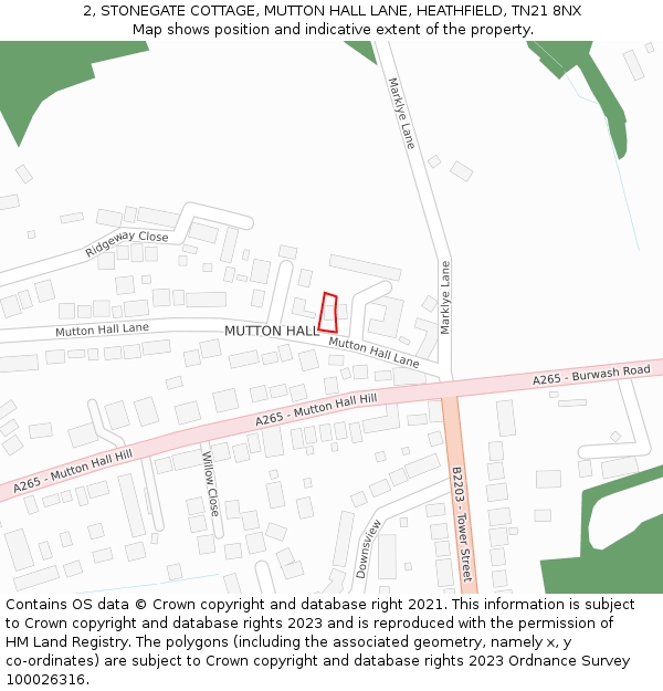 2, STONEGATE COTTAGE, MUTTON HALL LANE, HEATHFIELD, TN21 8NX: Location map and indicative extent of plot