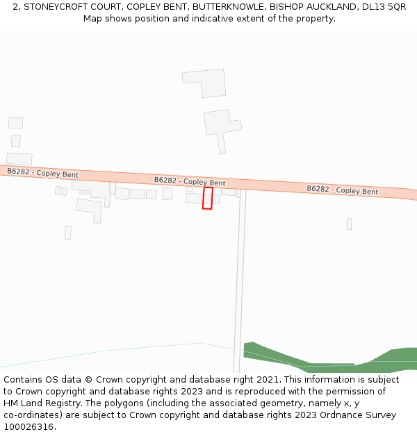 2, STONEYCROFT COURT, COPLEY BENT, BUTTERKNOWLE, BISHOP AUCKLAND, DL13 5QR: Location map and indicative extent of plot