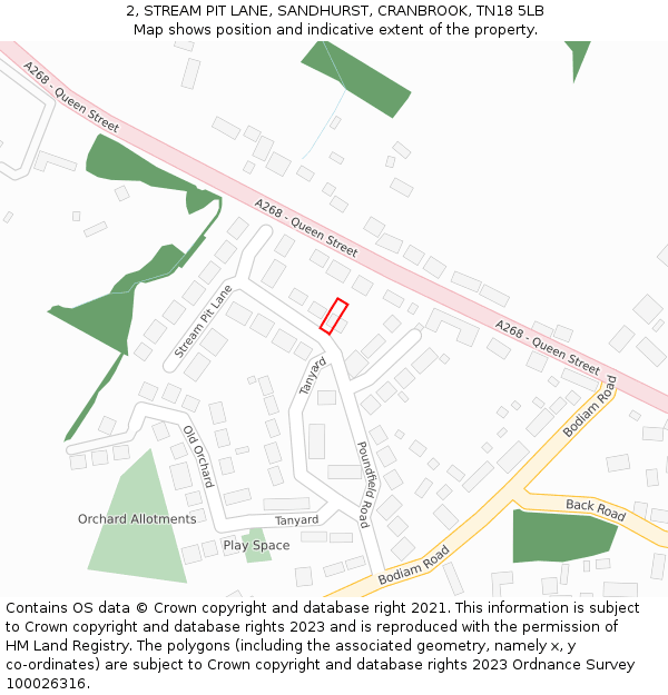 2, STREAM PIT LANE, SANDHURST, CRANBROOK, TN18 5LB: Location map and indicative extent of plot