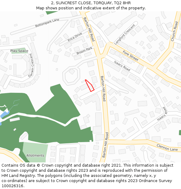 2, SUNCREST CLOSE, TORQUAY, TQ2 8HR: Location map and indicative extent of plot