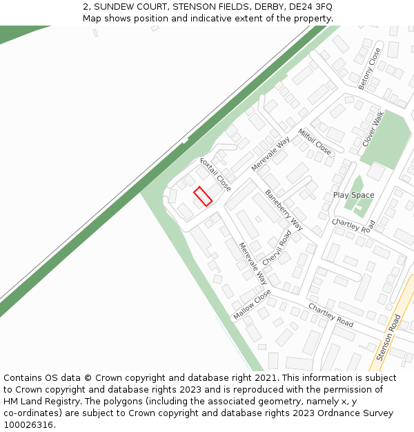 2, SUNDEW COURT, STENSON FIELDS, DERBY, DE24 3FQ: Location map and indicative extent of plot