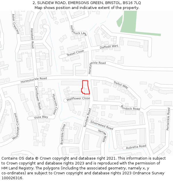 2, SUNDEW ROAD, EMERSONS GREEN, BRISTOL, BS16 7LQ: Location map and indicative extent of plot