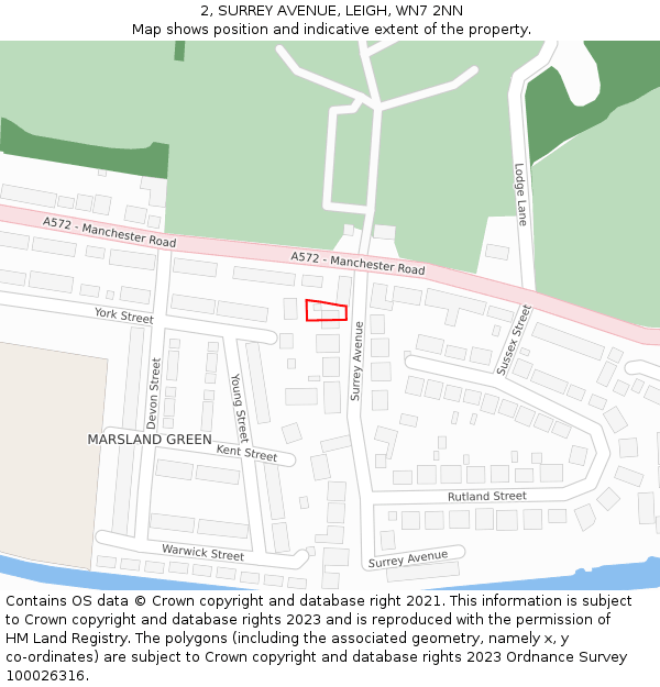 2, SURREY AVENUE, LEIGH, WN7 2NN: Location map and indicative extent of plot
