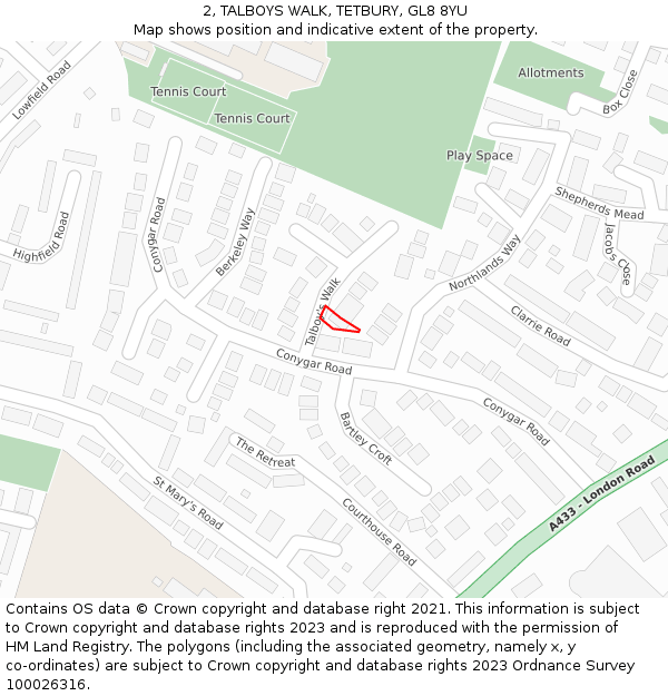 2, TALBOYS WALK, TETBURY, GL8 8YU: Location map and indicative extent of plot