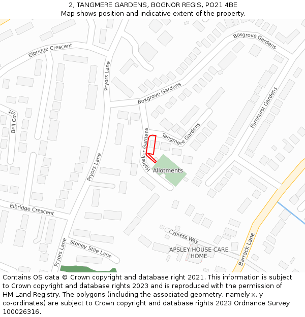 2, TANGMERE GARDENS, BOGNOR REGIS, PO21 4BE: Location map and indicative extent of plot