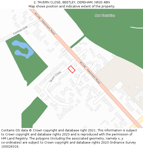 2, TAVERN CLOSE, BEETLEY, DEREHAM, NR20 4BN: Location map and indicative extent of plot