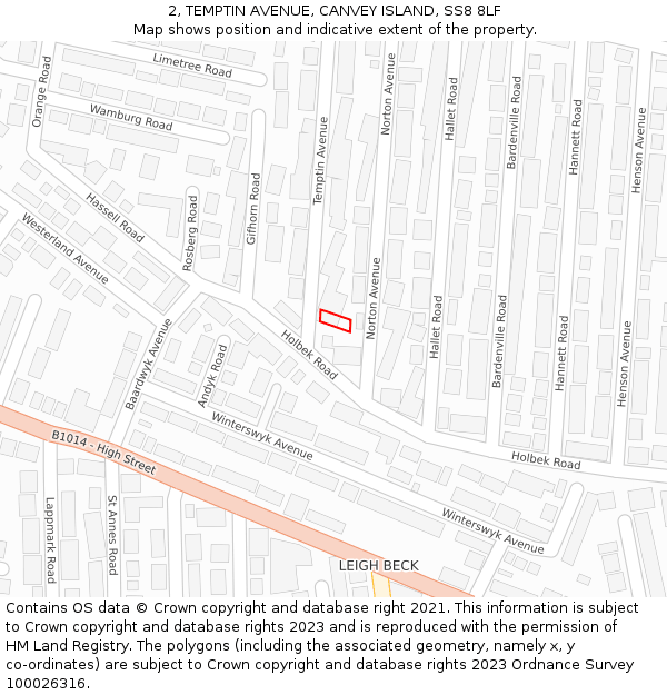 2, TEMPTIN AVENUE, CANVEY ISLAND, SS8 8LF: Location map and indicative extent of plot