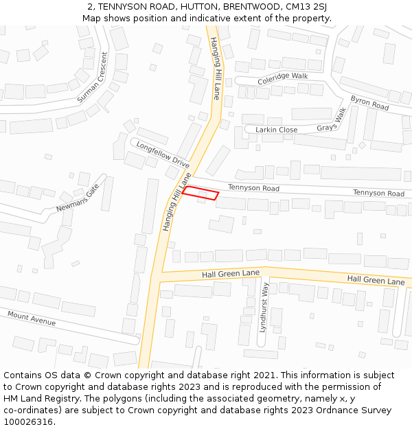 2, TENNYSON ROAD, HUTTON, BRENTWOOD, CM13 2SJ: Location map and indicative extent of plot