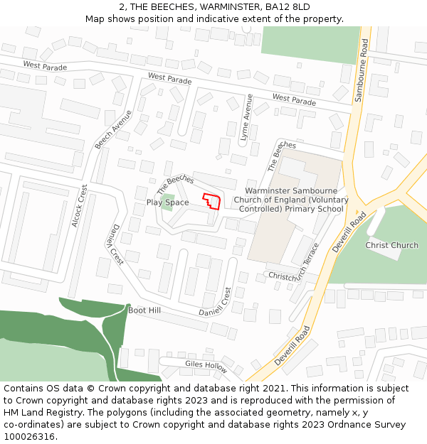 2, THE BEECHES, WARMINSTER, BA12 8LD: Location map and indicative extent of plot