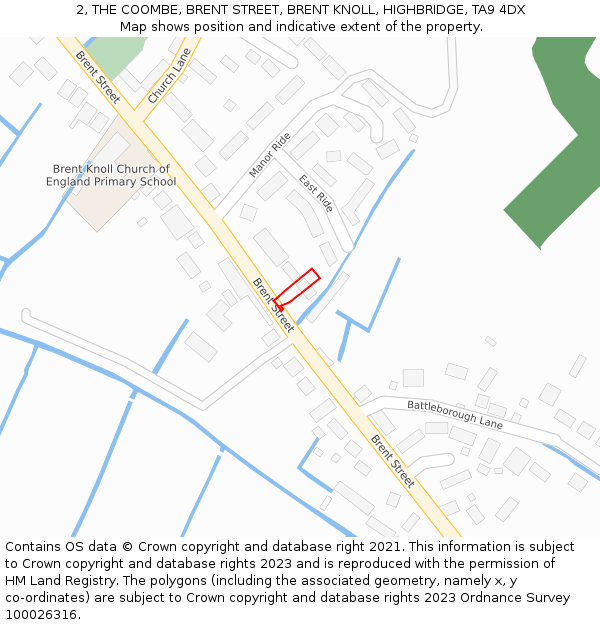 2, THE COOMBE, BRENT STREET, BRENT KNOLL, HIGHBRIDGE, TA9 4DX: Location map and indicative extent of plot