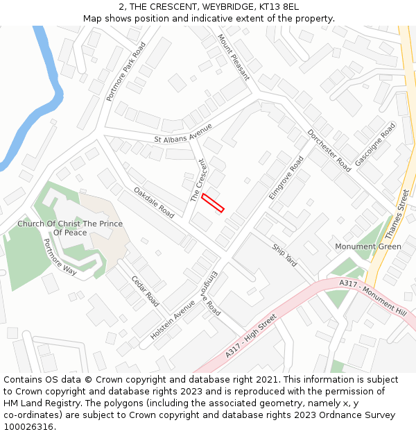 2, THE CRESCENT, WEYBRIDGE, KT13 8EL: Location map and indicative extent of plot