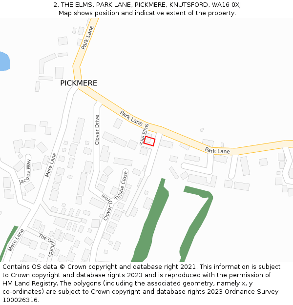 2, THE ELMS, PARK LANE, PICKMERE, KNUTSFORD, WA16 0XJ: Location map and indicative extent of plot