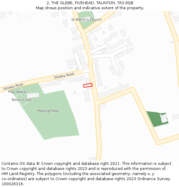 2, THE GLEBE, FIVEHEAD, TAUNTON, TA3 6QB: Location map and indicative extent of plot