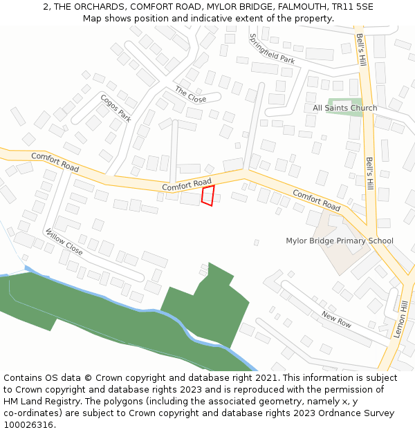 2, THE ORCHARDS, COMFORT ROAD, MYLOR BRIDGE, FALMOUTH, TR11 5SE: Location map and indicative extent of plot