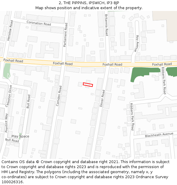 2, THE PIPPINS, IPSWICH, IP3 8JP: Location map and indicative extent of plot