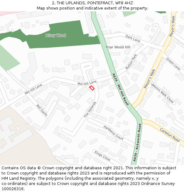 2, THE UPLANDS, PONTEFRACT, WF8 4HZ: Location map and indicative extent of plot