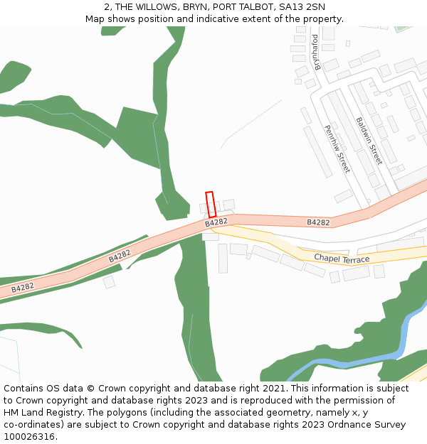 2, THE WILLOWS, BRYN, PORT TALBOT, SA13 2SN: Location map and indicative extent of plot