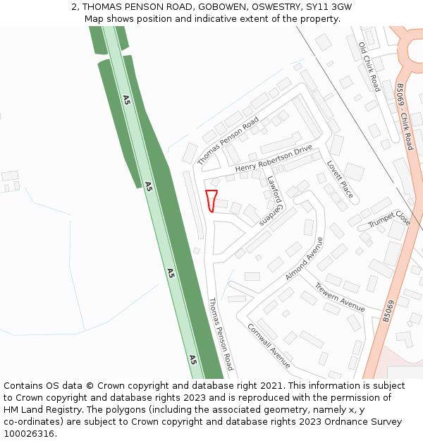 2, THOMAS PENSON ROAD, GOBOWEN, OSWESTRY, SY11 3GW: Location map and indicative extent of plot