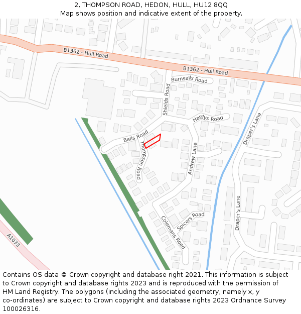 2, THOMPSON ROAD, HEDON, HULL, HU12 8QQ: Location map and indicative extent of plot