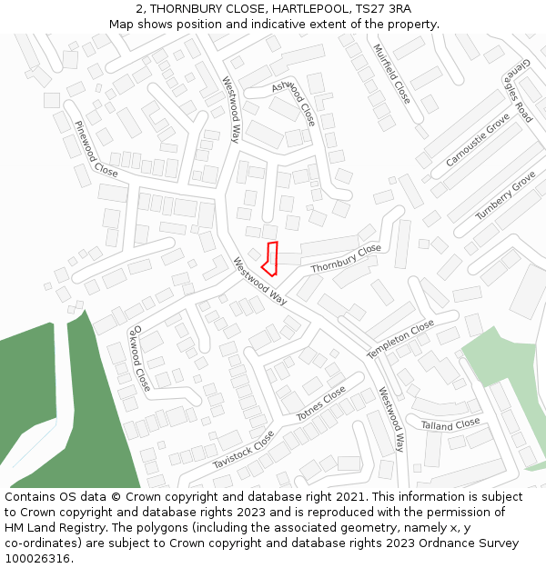 2, THORNBURY CLOSE, HARTLEPOOL, TS27 3RA: Location map and indicative extent of plot