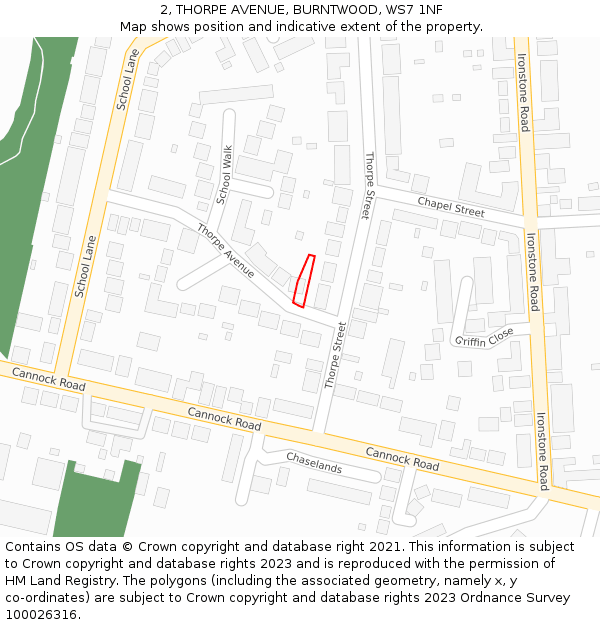 2, THORPE AVENUE, BURNTWOOD, WS7 1NF: Location map and indicative extent of plot