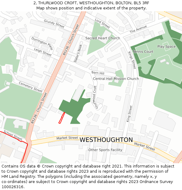 2, THURLWOOD CROFT, WESTHOUGHTON, BOLTON, BL5 3RF: Location map and indicative extent of plot