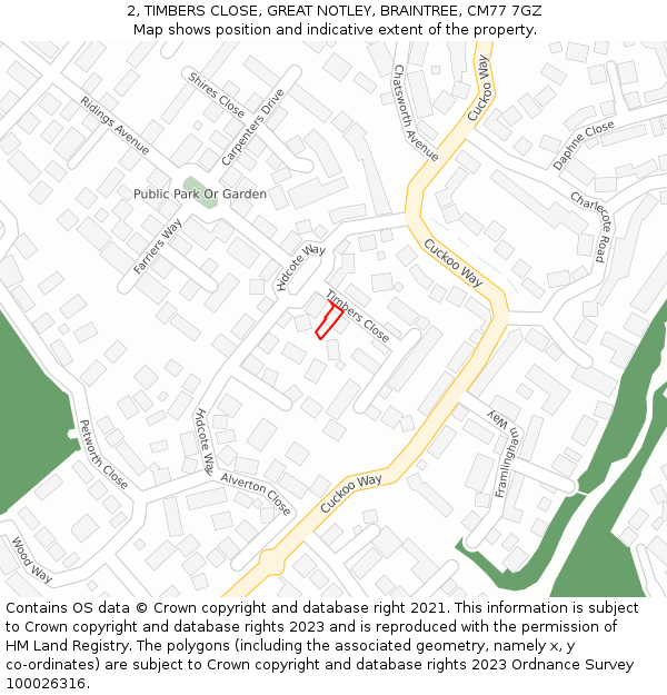 2, TIMBERS CLOSE, GREAT NOTLEY, BRAINTREE, CM77 7GZ: Location map and indicative extent of plot