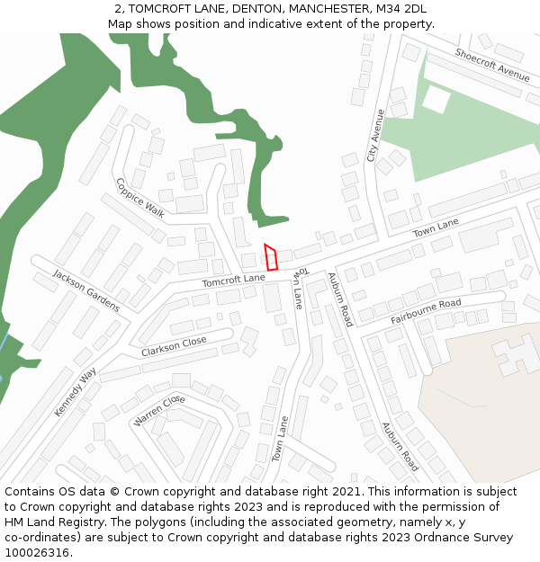 2, TOMCROFT LANE, DENTON, MANCHESTER, M34 2DL: Location map and indicative extent of plot