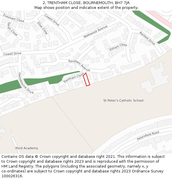 2, TRENTHAM CLOSE, BOURNEMOUTH, BH7 7JA: Location map and indicative extent of plot