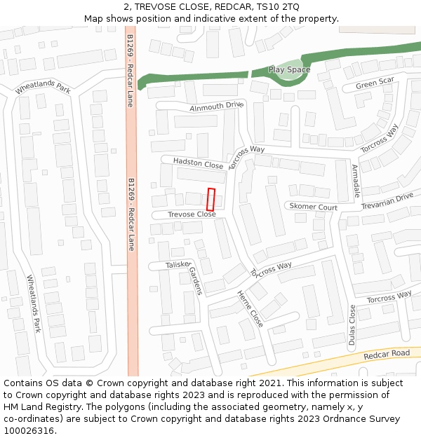 2, TREVOSE CLOSE, REDCAR, TS10 2TQ: Location map and indicative extent of plot