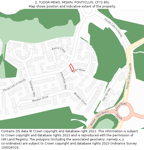 2, TUDOR MEWS, MISKIN, PONTYCLUN, CF72 8SL: Location map and indicative extent of plot