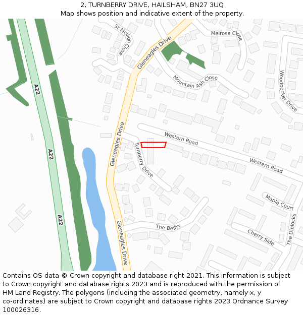 2, TURNBERRY DRIVE, HAILSHAM, BN27 3UQ: Location map and indicative extent of plot