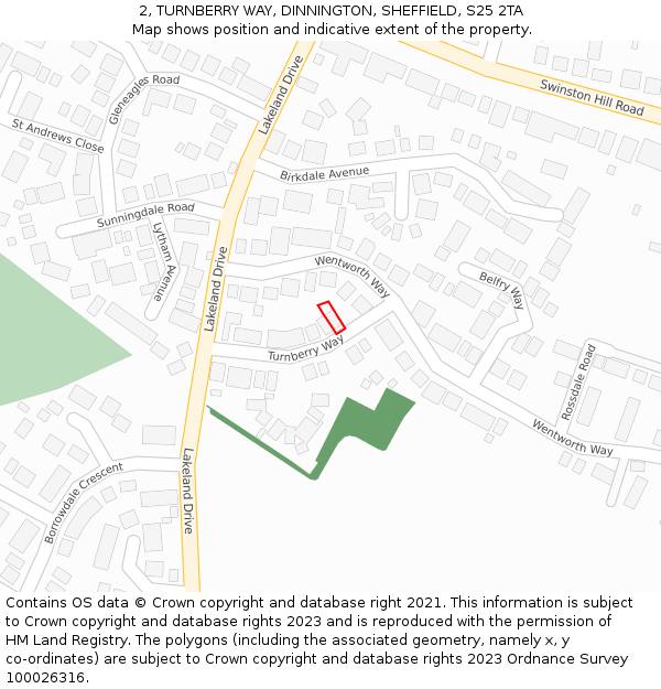 2, TURNBERRY WAY, DINNINGTON, SHEFFIELD, S25 2TA: Location map and indicative extent of plot
