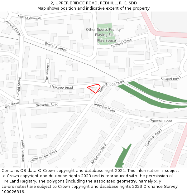 2, UPPER BRIDGE ROAD, REDHILL, RH1 6DD: Location map and indicative extent of plot